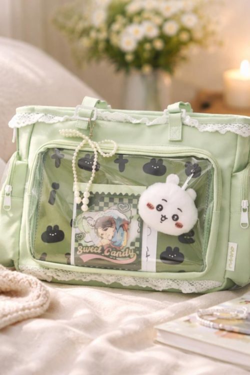 Green Kawaii Ita Shoulder Bag with Clear Window for Plushies and Pins
