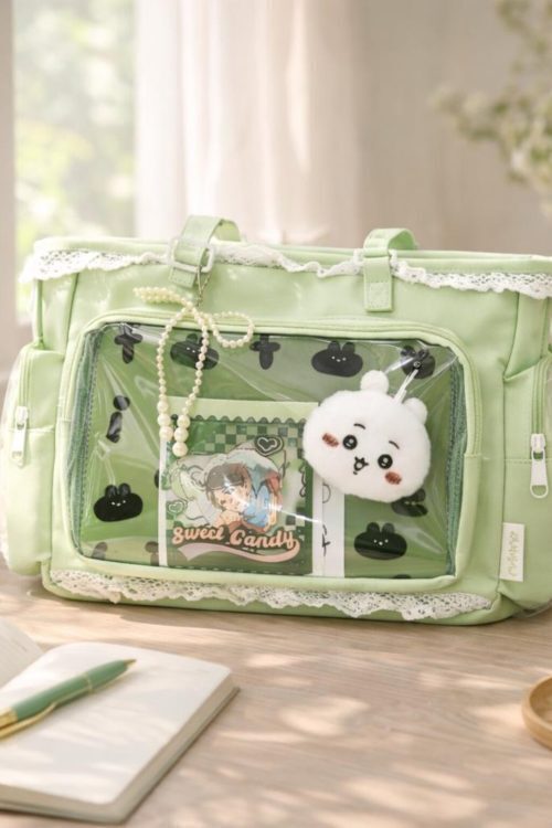 Green Kawaii Ita Shoulder Bag with Clear Window for Plushies and Pins