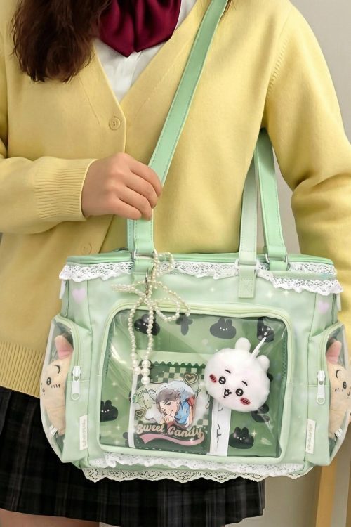 Green Kawaii Ita Shoulder Bag with Clear Window for Plushies and Pins