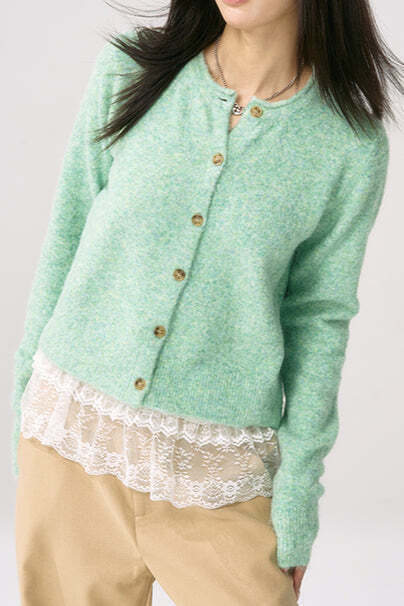Green Knit Cuffed Solid Chic Cardigan Green Knit Cuffed Solid Chic Cardigan