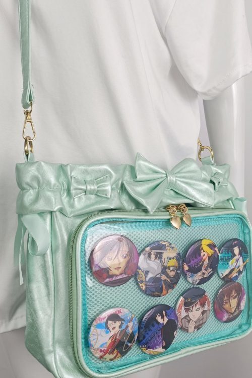 Green Ribbon Ita Crossbody Bag with Clear Window and Included Insert for Pin Display