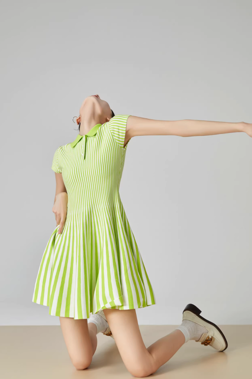 Green Striped Flare Mini Dress