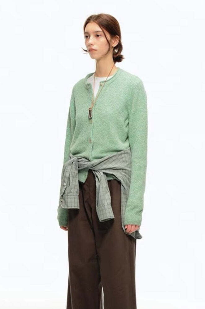 Green Wool Blend Crew Neck Knit Cardigan Green Wool Blend Crew Neck Knit Cardigan