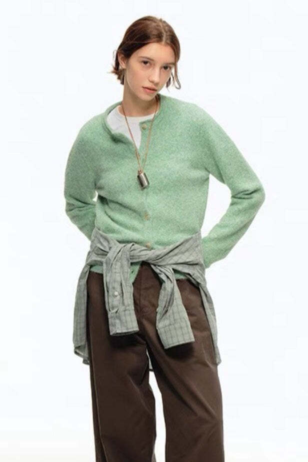 Green Wool Blend Crew Neck Knit Cardigan Green Wool Blend Crew Neck Knit Cardigan
