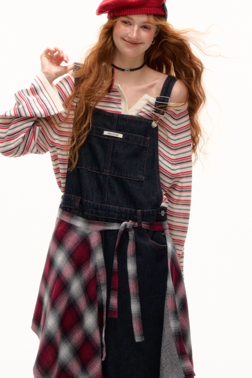 Half Button Border Top / Wide-Leg Denim Overalls