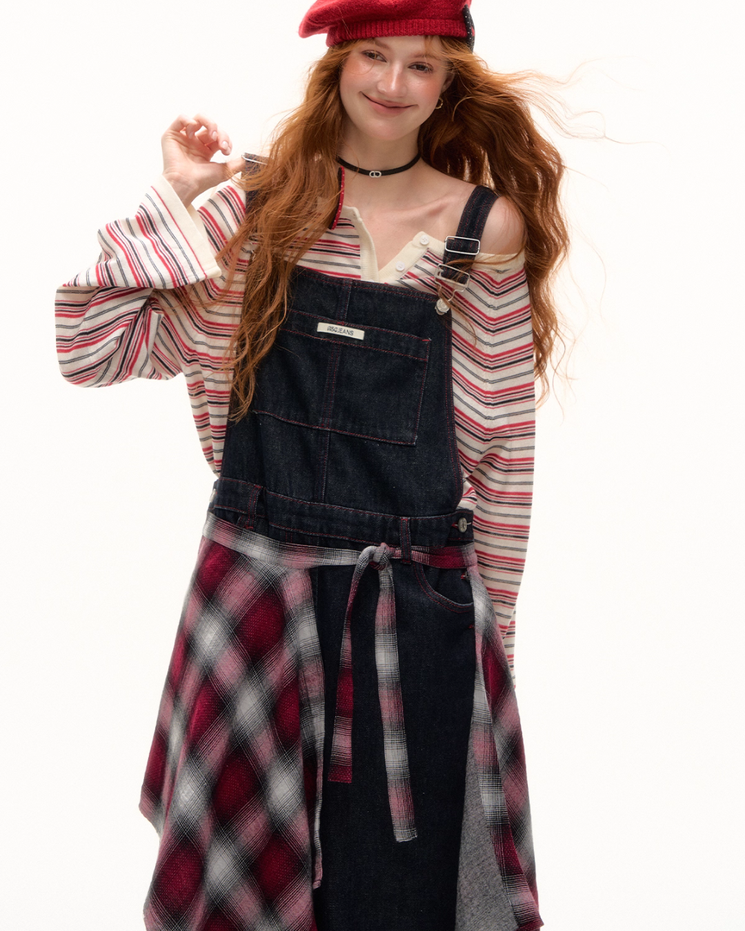 Half Button Border Top / Wide-Leg Denim Overalls Half Button Border Top / Wide-Leg Denim Overalls