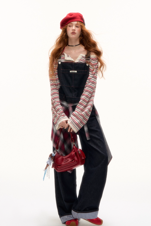 Half Button Border Top / Wide-Leg Denim Overalls