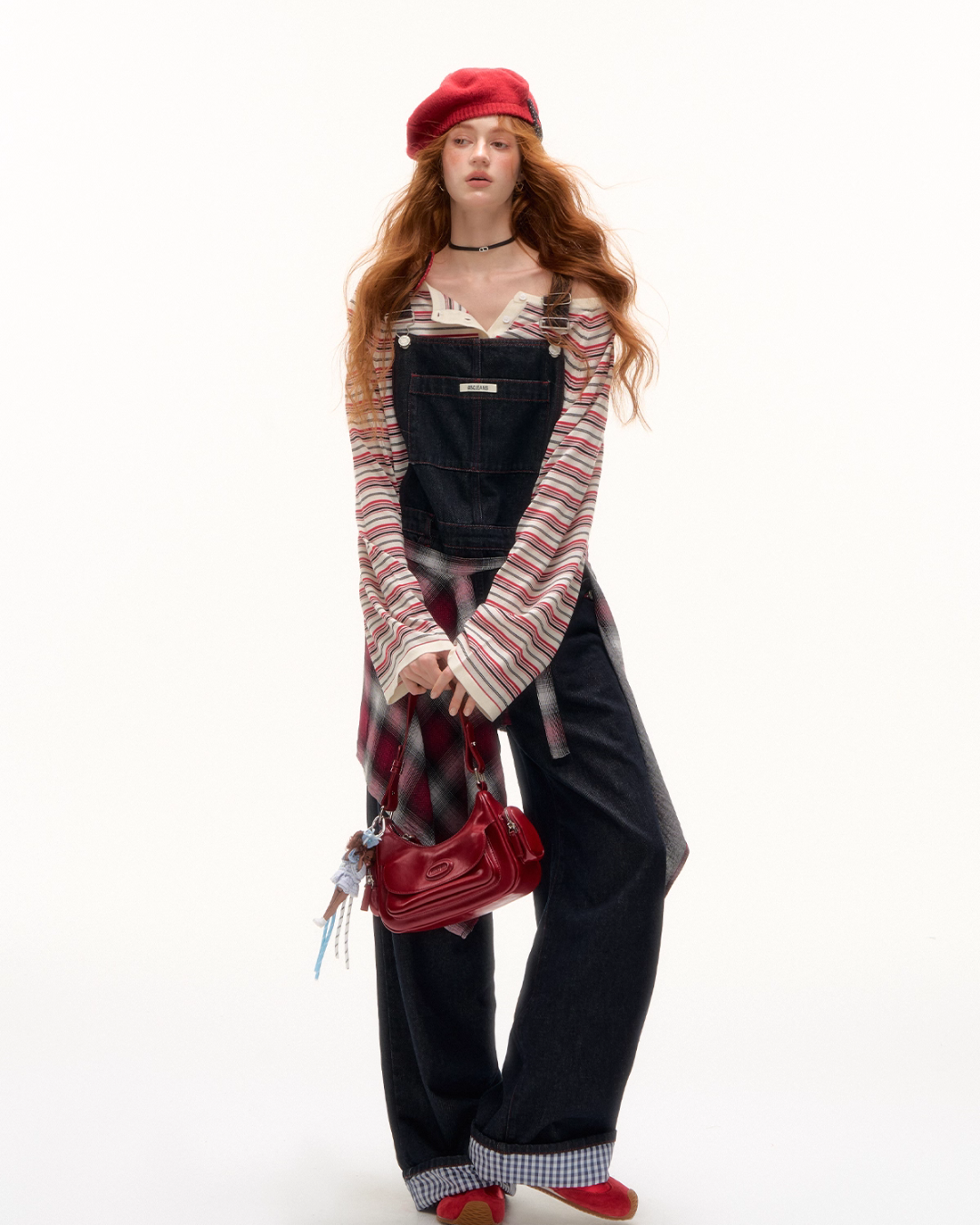 Half Button Border Top / Wide-Leg Denim Overalls Half Button Border Top / Wide-Leg Denim Overalls