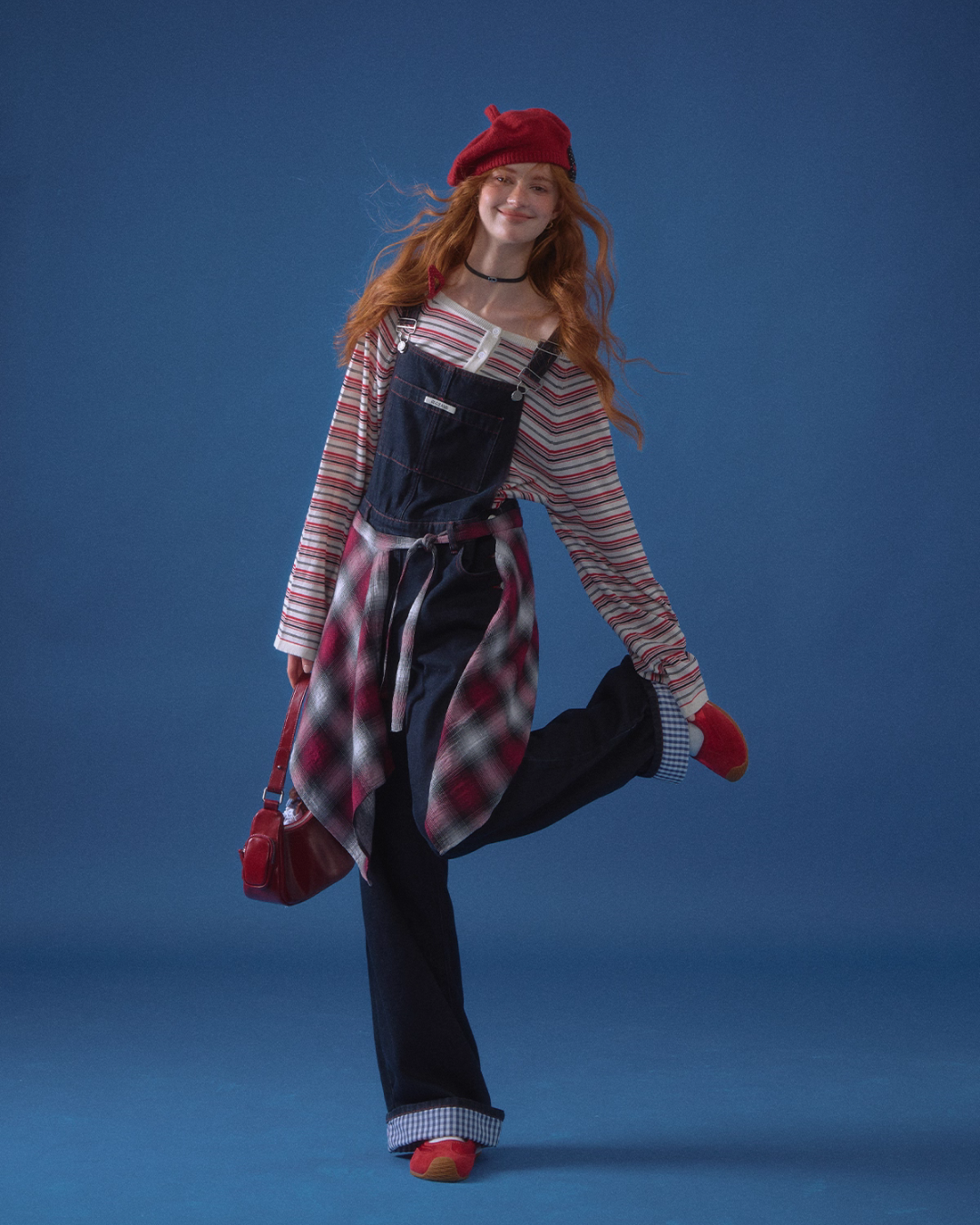 Half Button Border Top / Wide-Leg Denim Overalls Half Button Border Top / Wide-Leg Denim Overalls