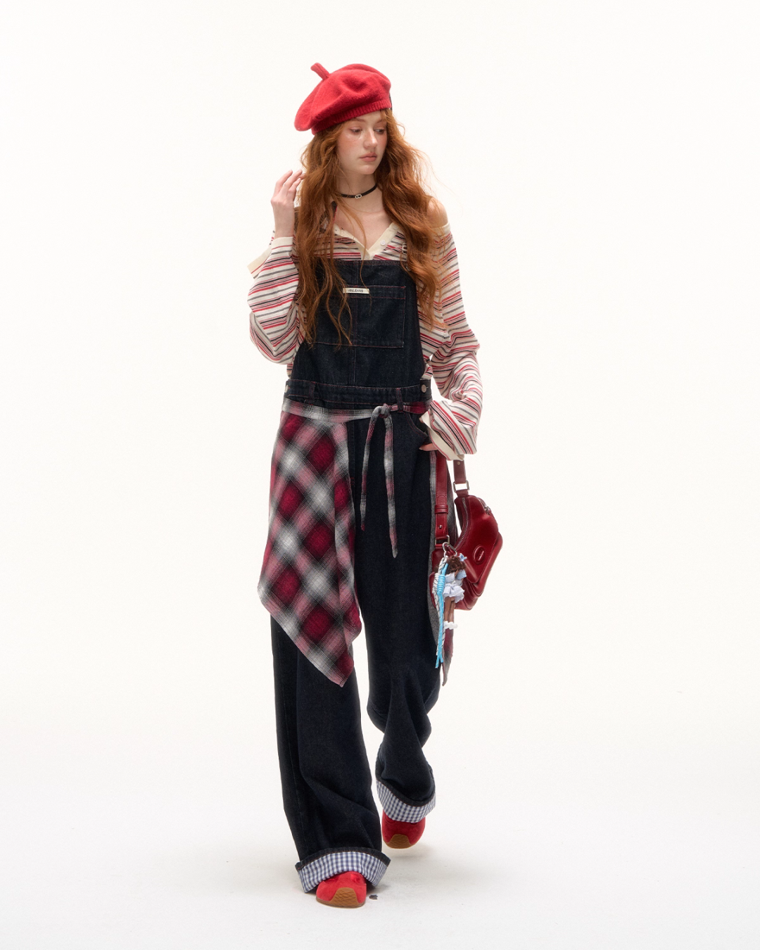 Half Button Border Top / Wide-Leg Denim Overalls Half Button Border Top / Wide-Leg Denim Overalls