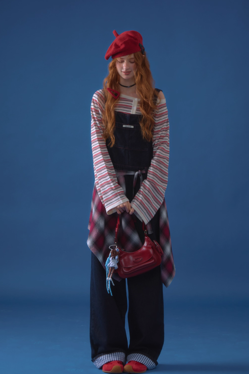 Half Button Border Top / Wide-Leg Denim Overalls