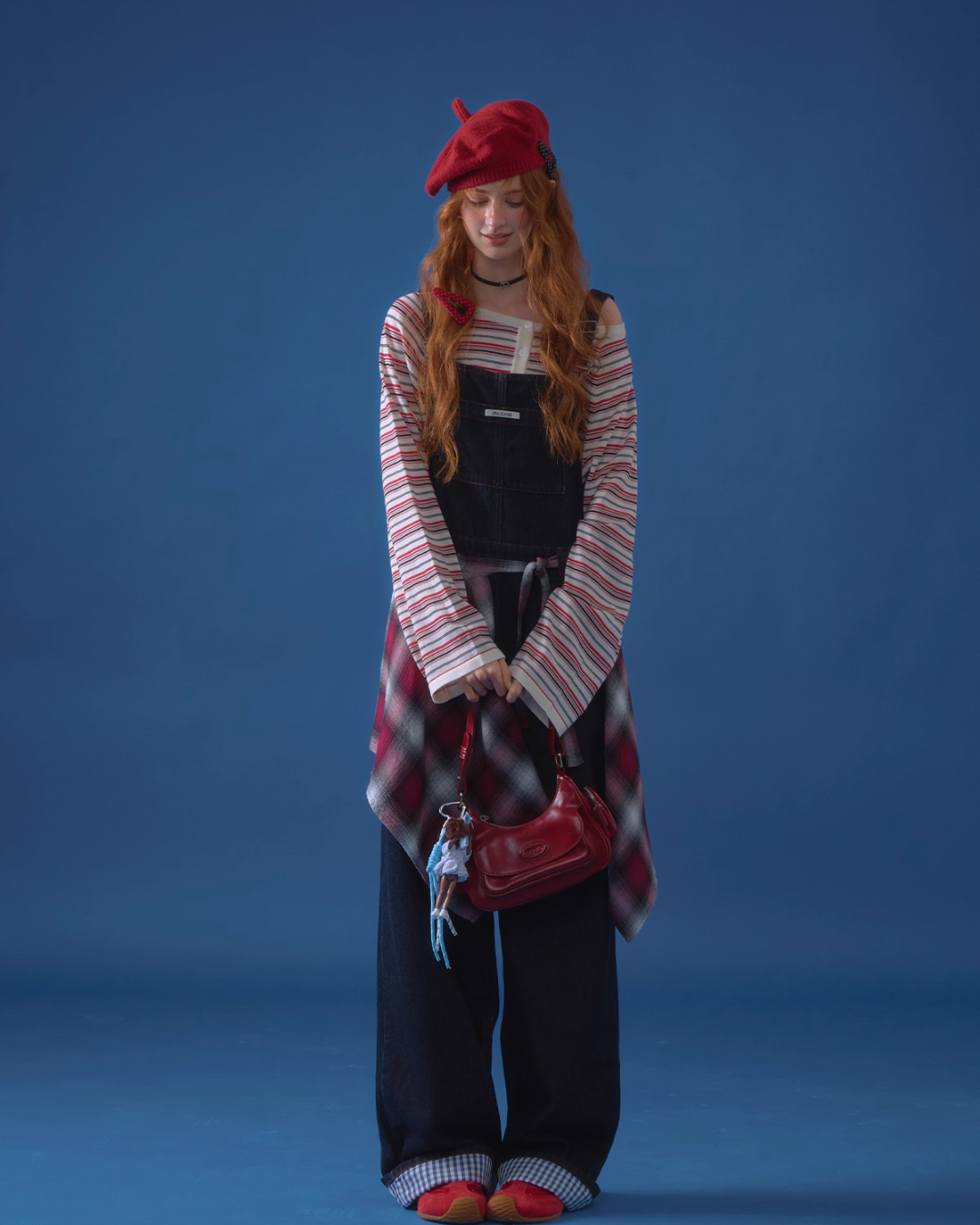 Half Button Border Top / Wide-Leg Denim Overalls Half Button Border Top / Wide-Leg Denim Overalls