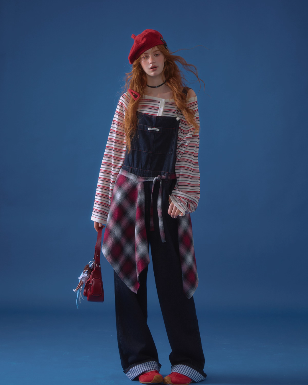 Half Button Border Top / Wide-Leg Denim Overalls Half Button Border Top / Wide-Leg Denim Overalls