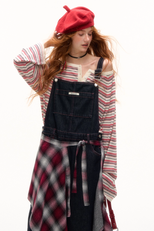 Half Button Border Top / Wide-Leg Denim Overalls