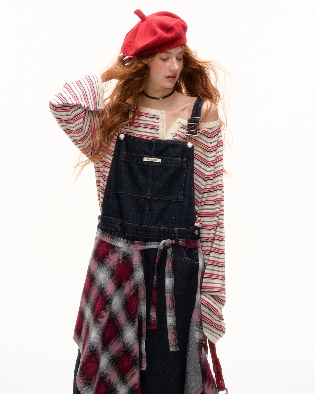 Half Button Border Top / Wide-Leg Denim Overalls Half Button Border Top / Wide-Leg Denim Overalls