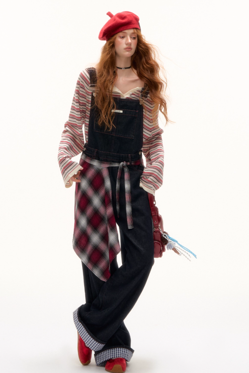 Half Button Border Top / Wide-Leg Denim Overalls
