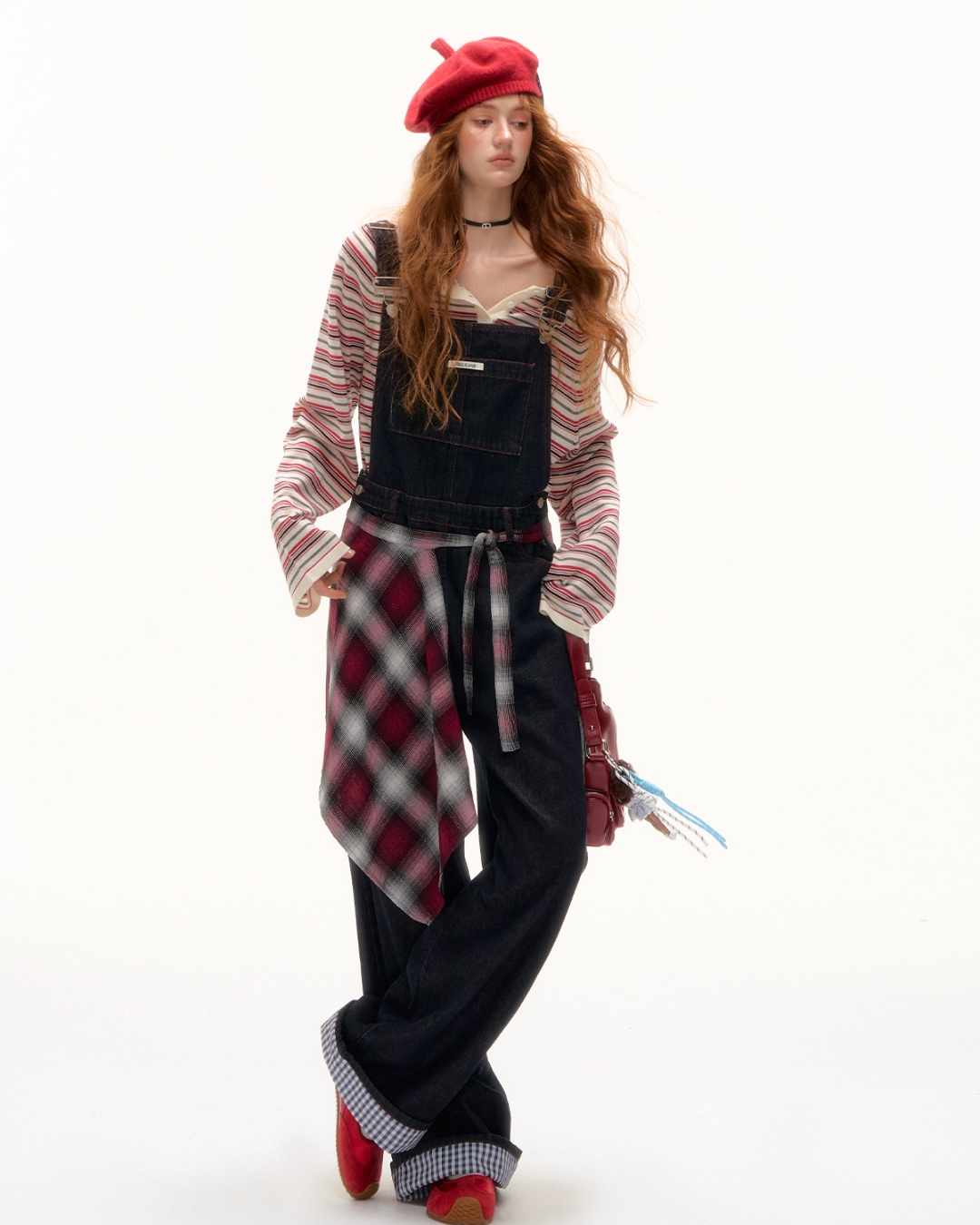 Half Button Border Top / Wide-Leg Denim Overalls Half Button Border Top / Wide-Leg Denim Overalls