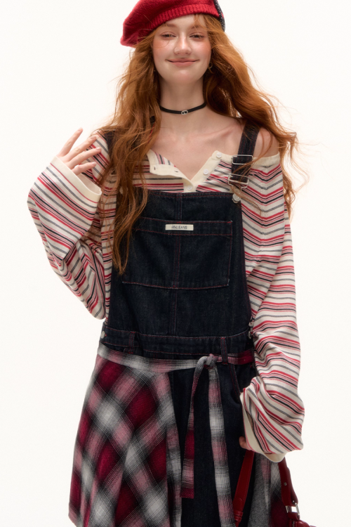 Half Button Border Top / Wide-Leg Denim Overalls
