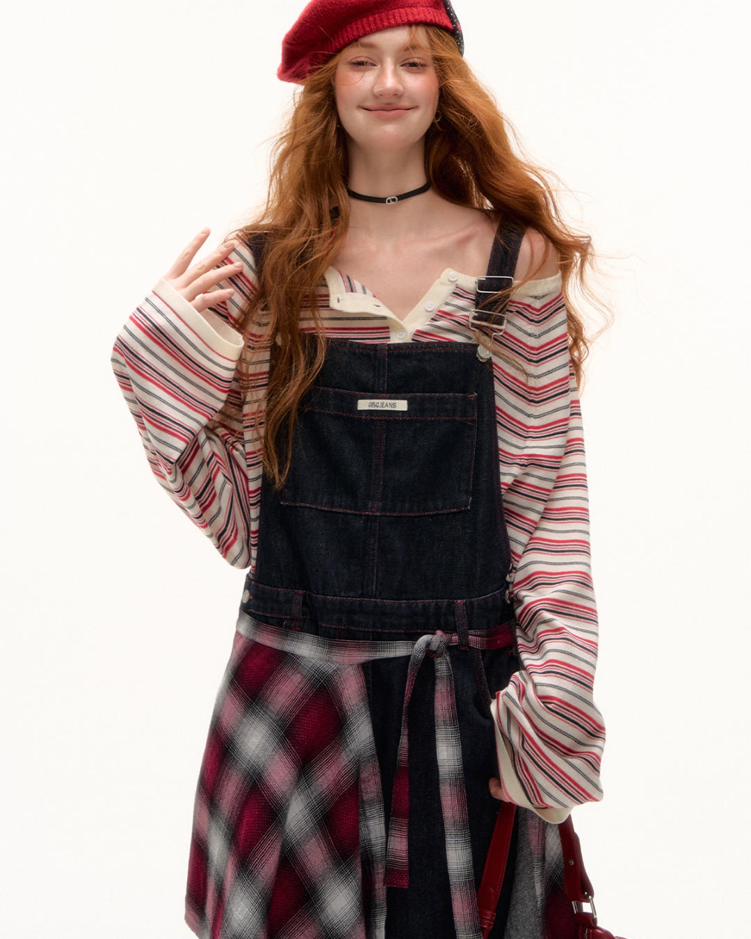 Half Button Border Top / Wide-Leg Denim Overalls Half Button Border Top / Wide-Leg Denim Overalls