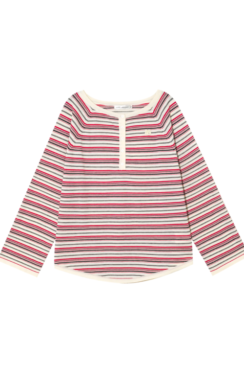 Half Button Border Top / Wide-Leg Denim Overalls