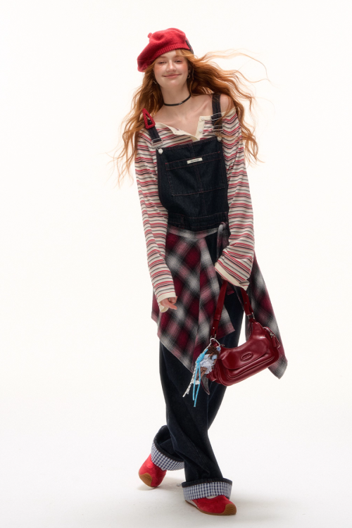 Half Button Border Top / Wide-Leg Denim Overalls