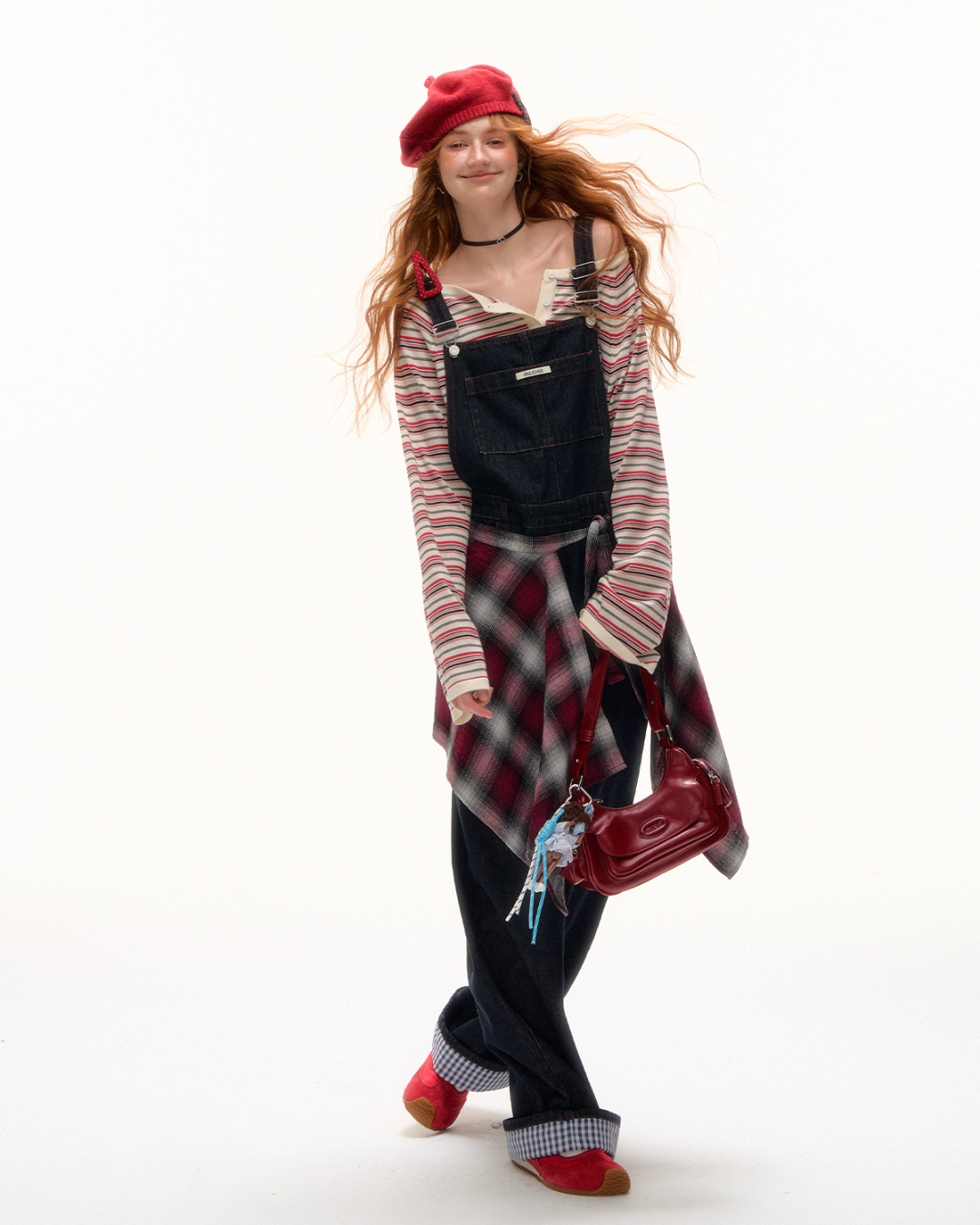 Half Button Border Top / Wide-Leg Denim Overalls Half Button Border Top / Wide-Leg Denim Overalls