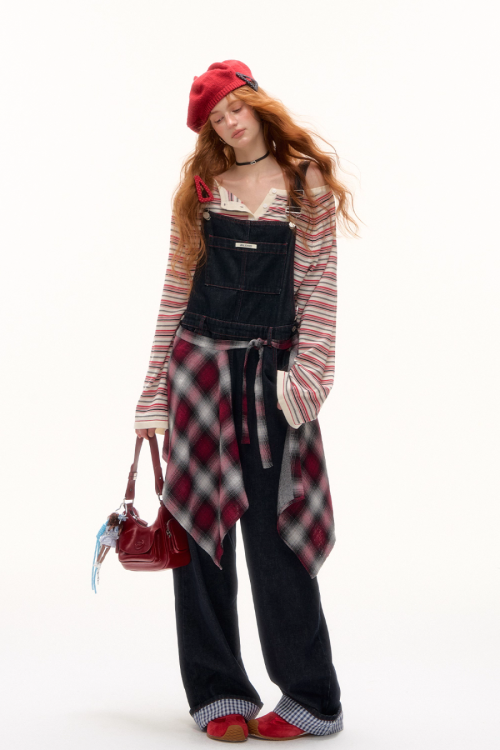 Half Button Border Top / Wide-Leg Denim Overalls