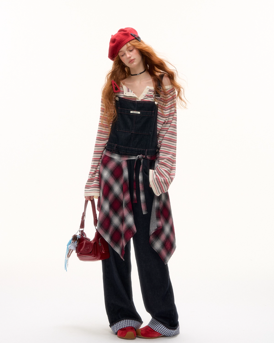 Half Button Border Top / Wide-Leg Denim Overalls Half Button Border Top / Wide-Leg Denim Overalls