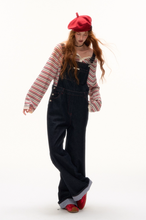 Half Button Border Top / Wide-Leg Denim Overalls