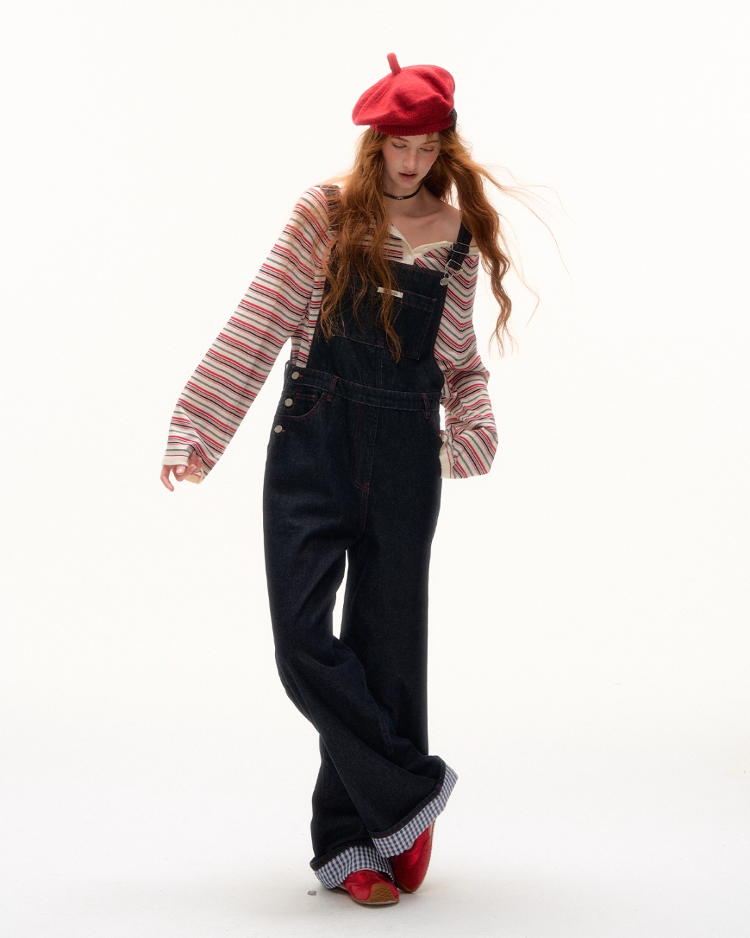 Half Button Border Top / Wide-Leg Denim Overalls Half Button Border Top / Wide-Leg Denim Overalls