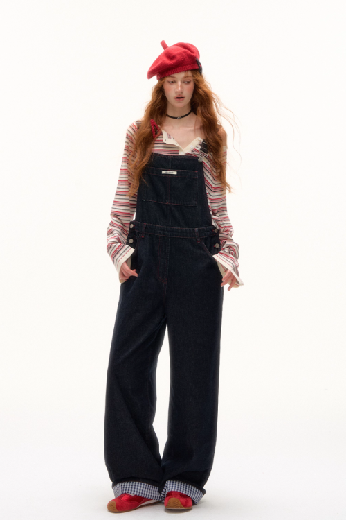 Half Button Border Top / Wide-Leg Denim Overalls