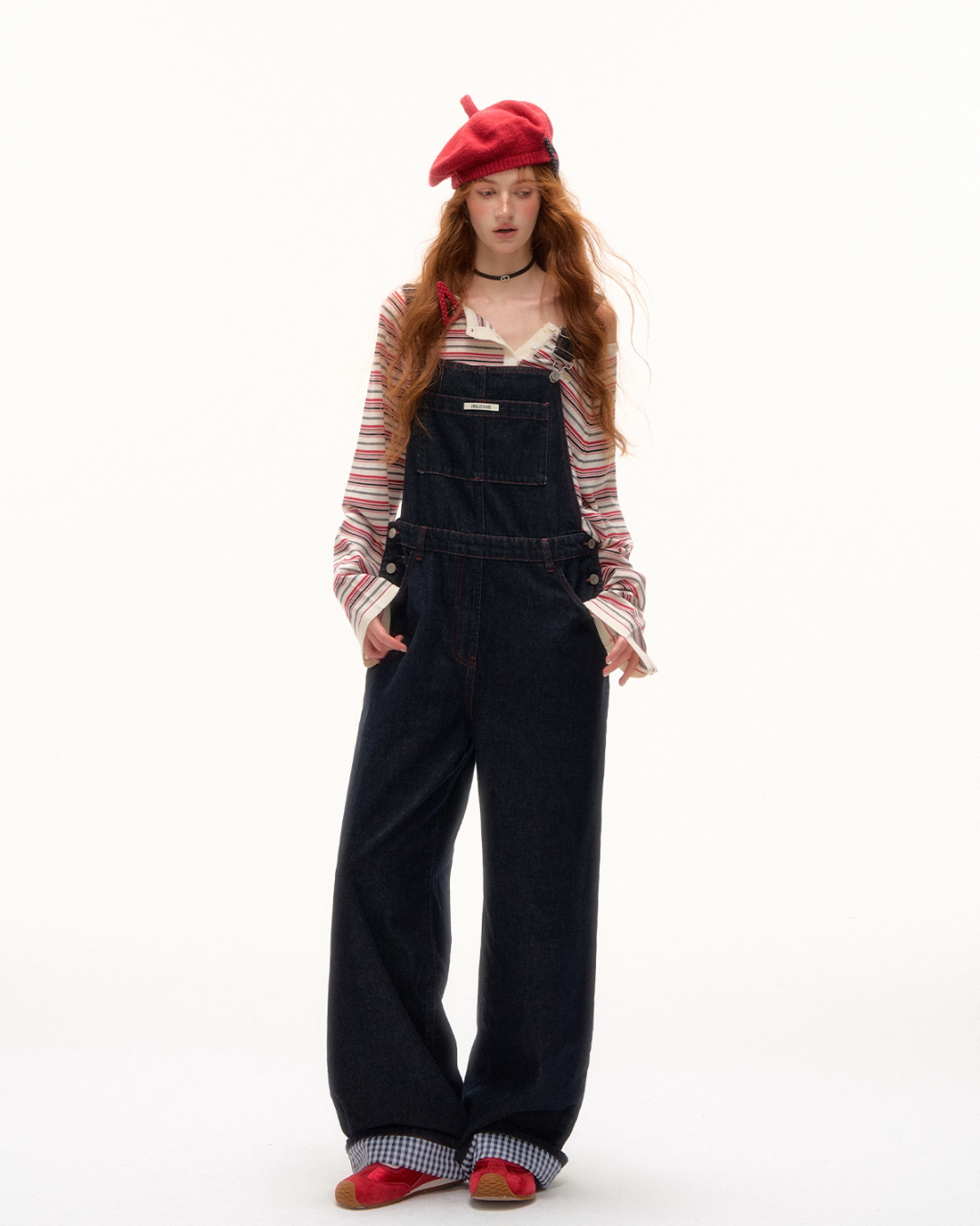 Half Button Border Top / Wide-Leg Denim Overalls Half Button Border Top / Wide-Leg Denim Overalls