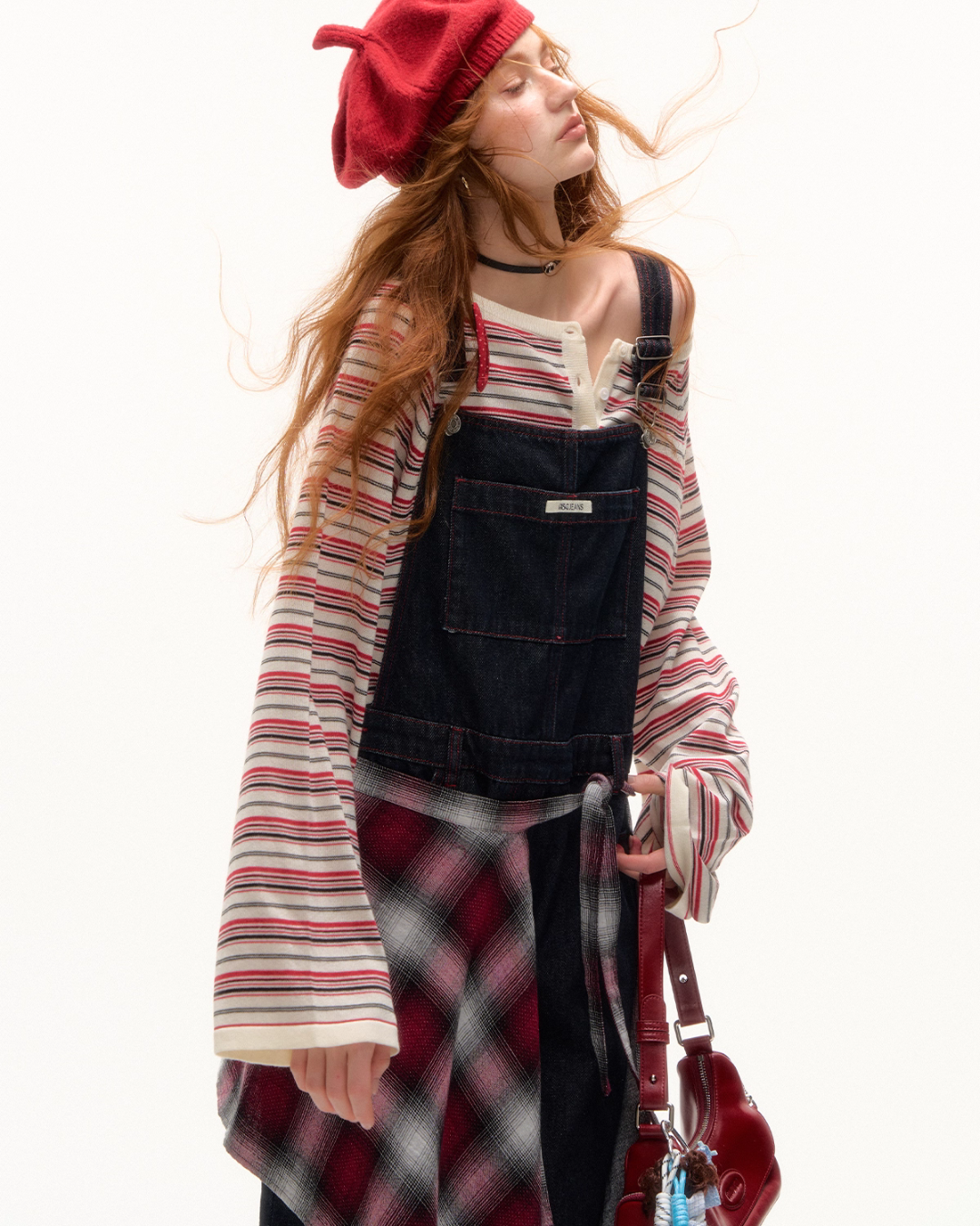 Half Button Border Top / Wide-Leg Denim Overalls Half Button Border Top / Wide-Leg Denim Overalls