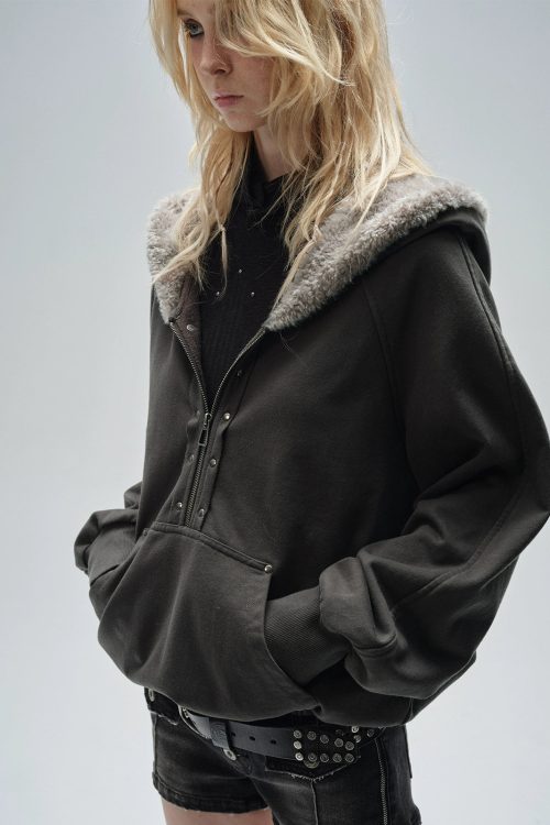 Half Zip Fur Hood Hoodie