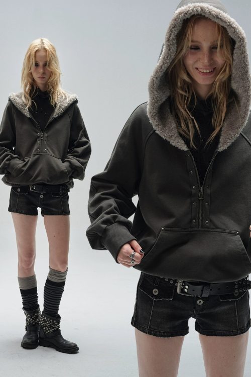 Half Zip Fur Hood Hoodie
