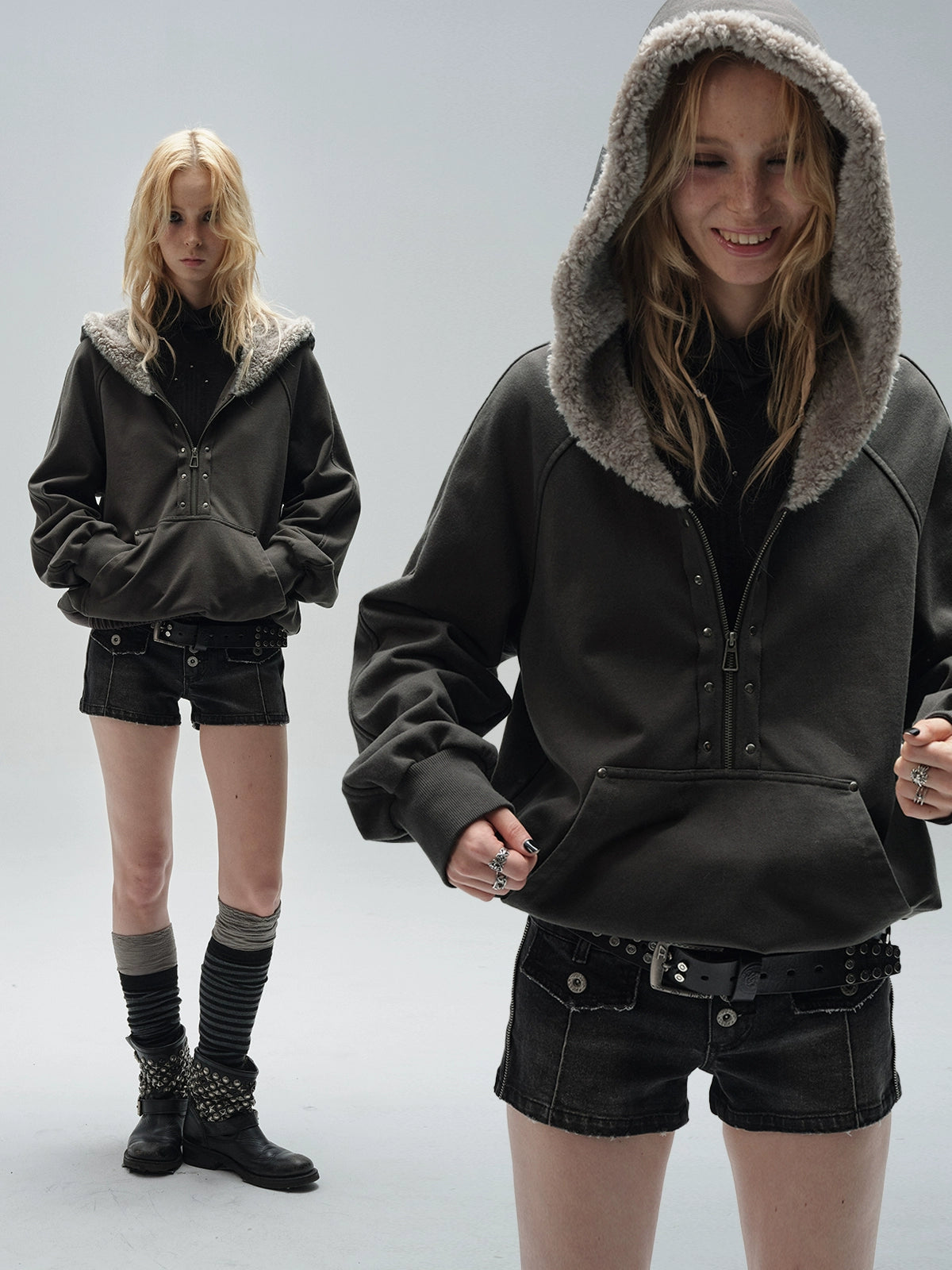 Half Zip Fur Hood Hoodie Half Zip Fur Hood Hoodie