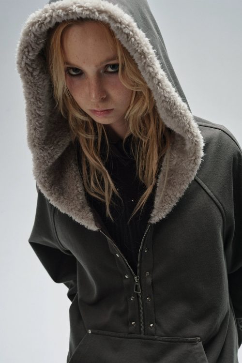 Half Zip Fur Hood Hoodie