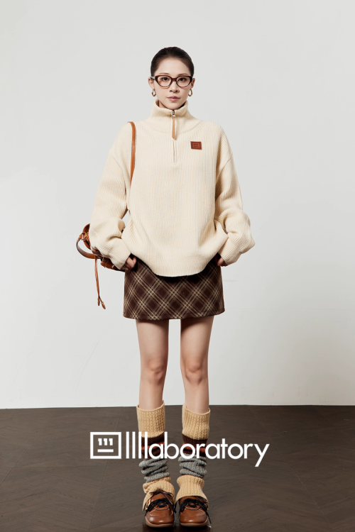 Half-Zip Knit Top / Checkered Skirt / Pleated Skirt