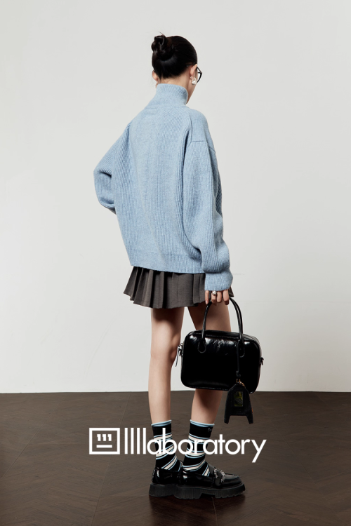 Half-Zip Knit Top / Checkered Skirt / Pleated Skirt