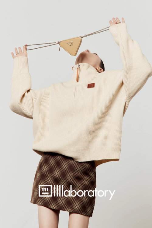 Half-Zip Knit Top / Checkered Skirt / Pleated Skirt