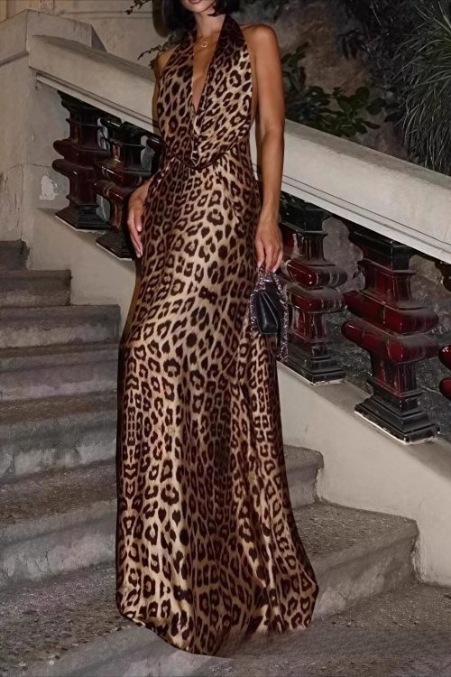 Halter Deep V Backless Leopard Print Tie Maxi Dress