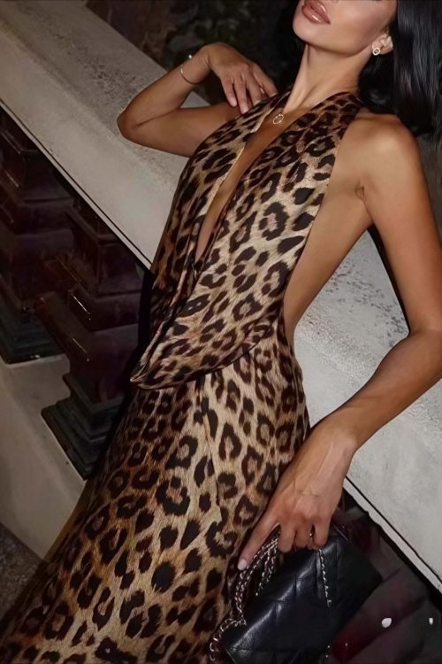 Halter Deep V Backless Leopard Print Tie Maxi Dress