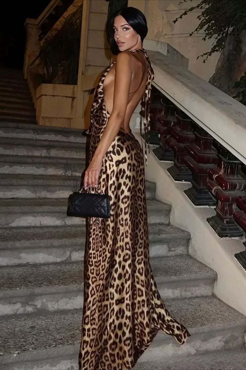 Halter Deep V Backless Leopard Print Tie Maxi Dress