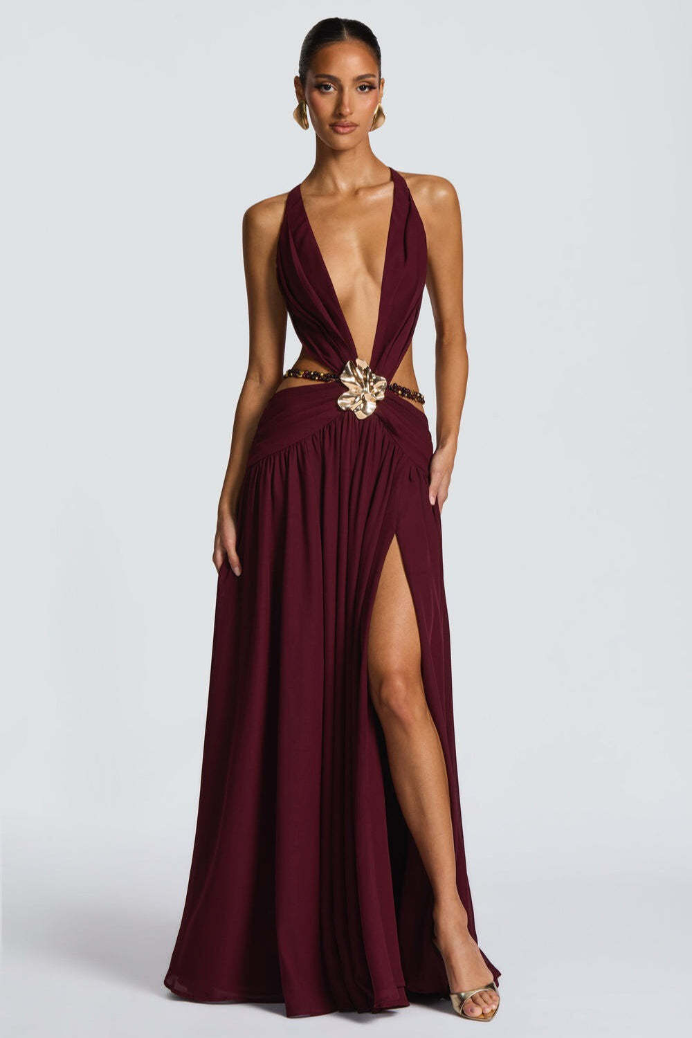 Halter Deep V Tie Backless High Slit Maxi Dress Halter Deep V Tie Backless High Slit Maxi Dress