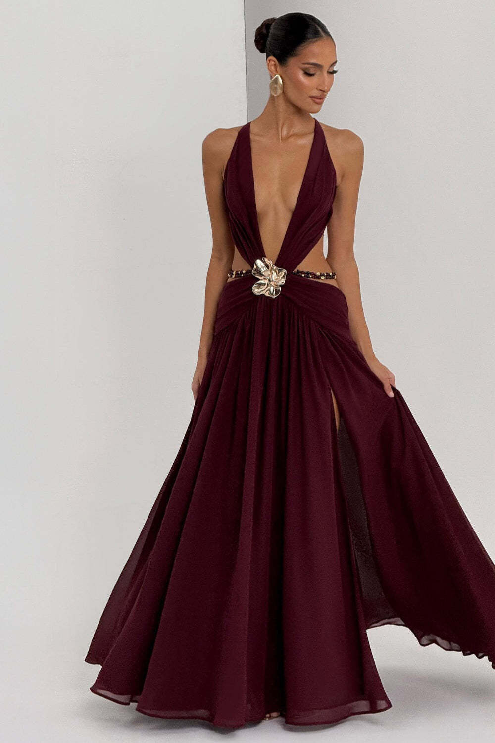 Halter Deep V Tie Backless High Slit Maxi Dress Halter Deep V Tie Backless High Slit Maxi Dress