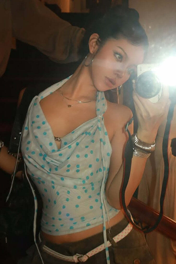 Halter V Neck Polka Dot Tank Top Halter V Neck Polka Dot Tank Top