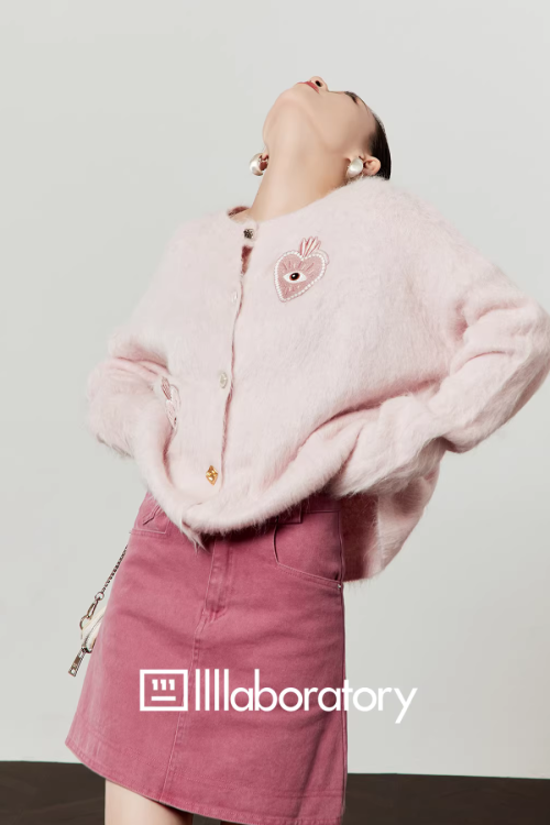 Heart Patch Shaggy Knit Cardigan / Pink Mini Skirt