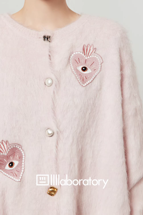 Heart Patch Shaggy Knit Cardigan / Pink Mini Skirt