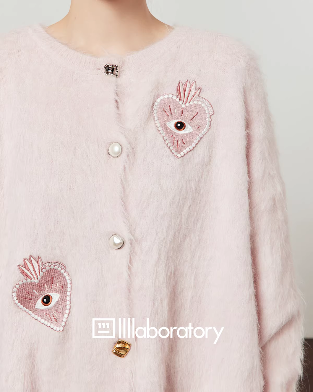 Heart Patch Shaggy Knit Cardigan / Pink Mini Skirt Heart Patch Shaggy Knit Cardigan / Pink Mini Skirt
