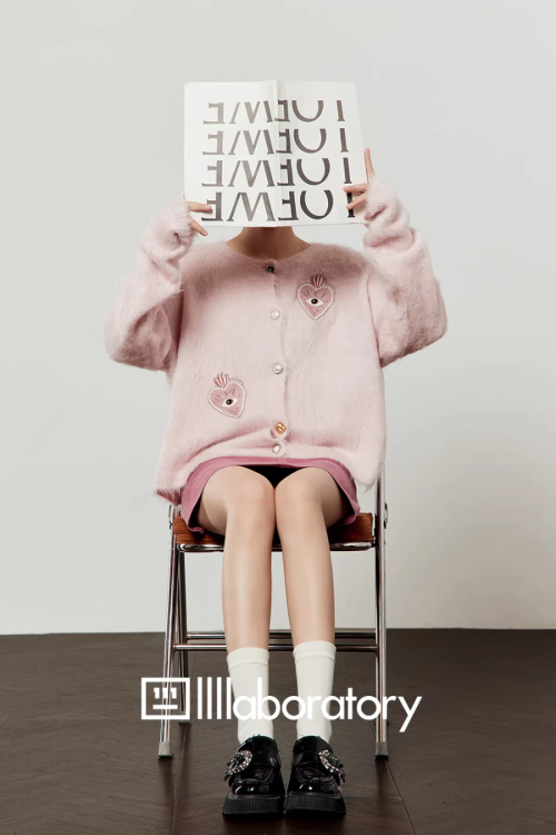 Heart Patch Shaggy Knit Cardigan / Pink Mini Skirt